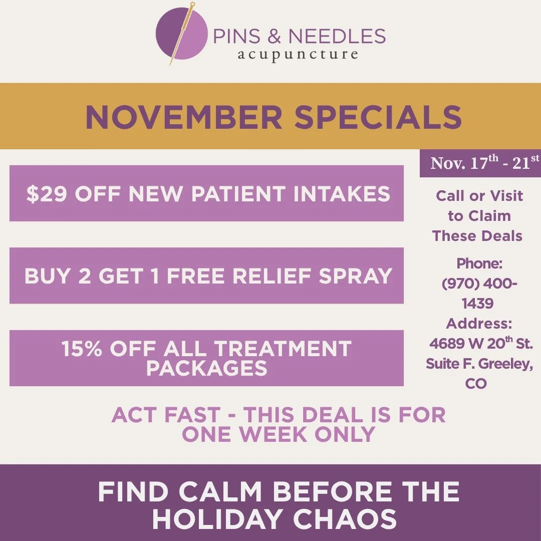 🎉Our Only Sale of the Year Is Almost Here! 🎉
Whether you&rsquo;ve been meaning to try acupuncture, want to treat yourself before the holiday rush, or are looking for a thoughtful gift that actually brings relief&mdash;this is your moment.
📅 Deals 