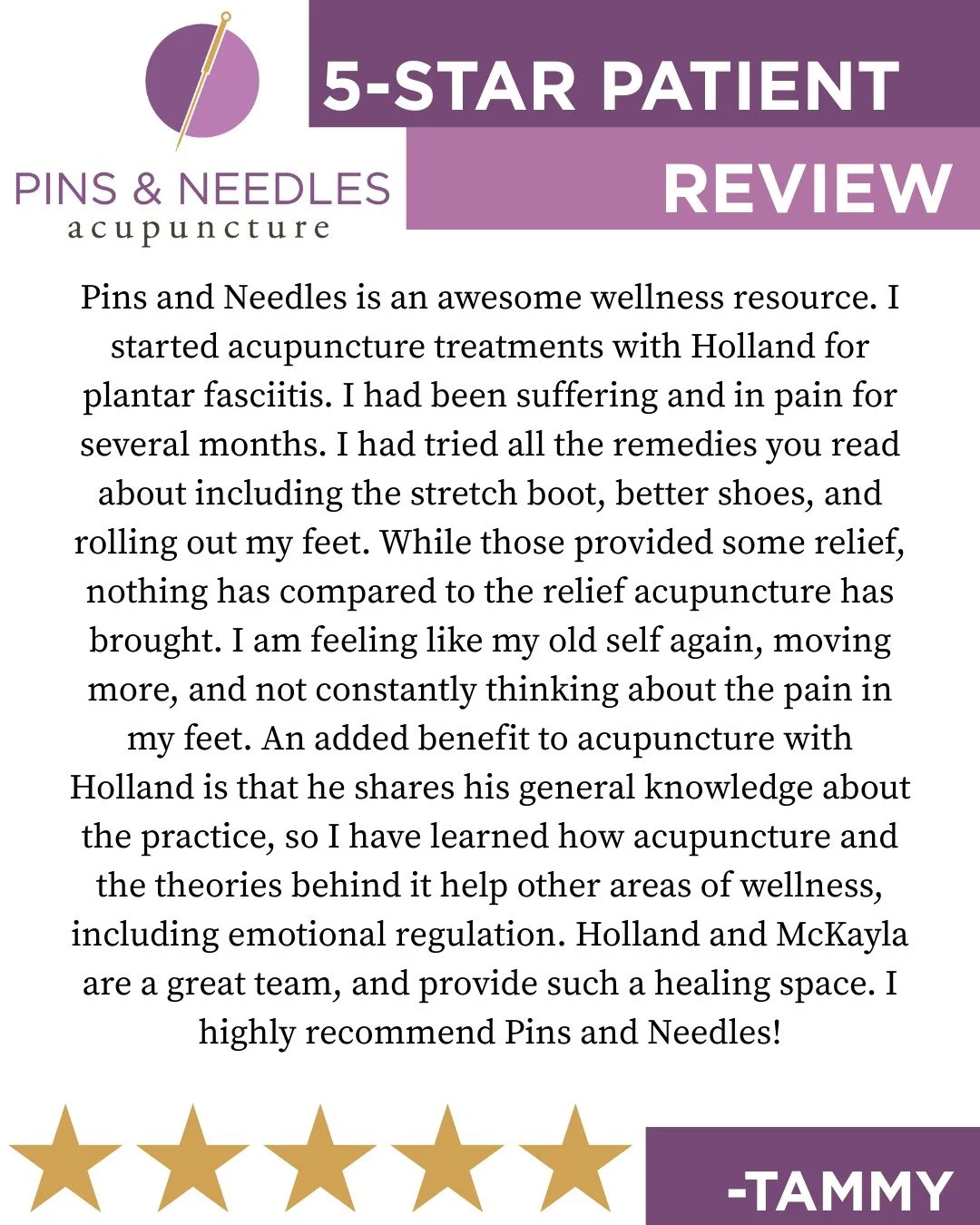 Plantar fasciitis can be a real pain in the...foot!🦶
Here at Pins and Needles Acupuncture, we strive to give patients lasting relief from plantar fasciitis! Not temporary relief like other remedies provide. 
Our recent patient, Tammy, found lasting 