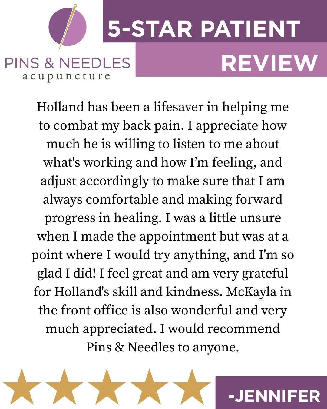 ⭐⭐⭐⭐⭐ Check out this 5-star review! 
Living with chronic pain can be unbearable and keep you from doing the things you truly enjoy. At Pins and Needles Acupuncture, we believe that no one should ever be in pain, and we are honored to help our patient