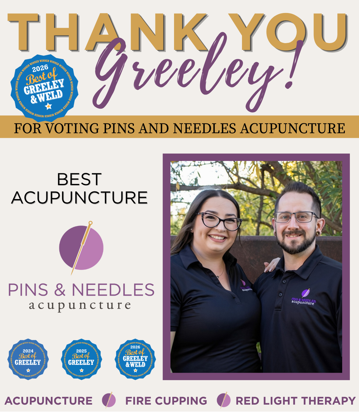 Owners of Pins and Needles Acupuncture, win Best of Greeley for third year in a row.