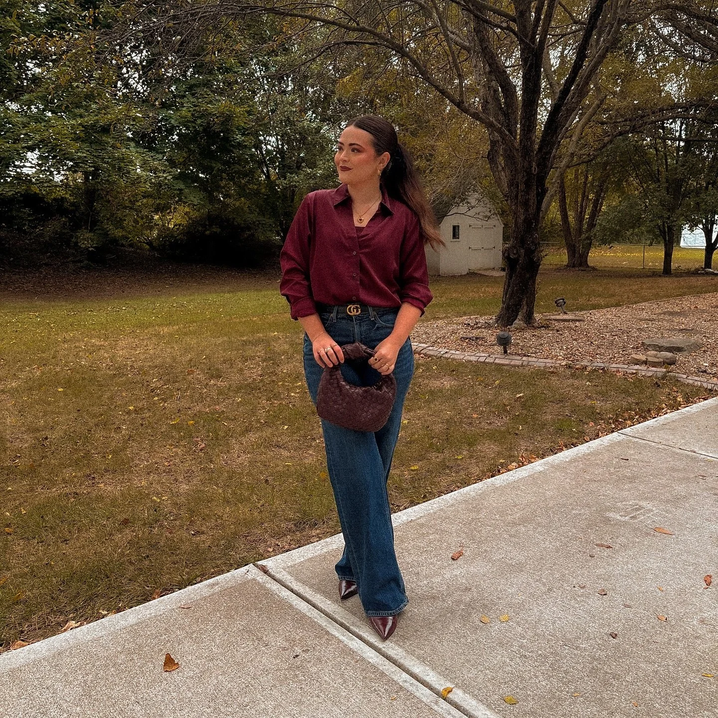 I&rsquo;m literally just a burgundy girl 🍷 that one leaf on the ground is how fall is feeling in Indiana rn