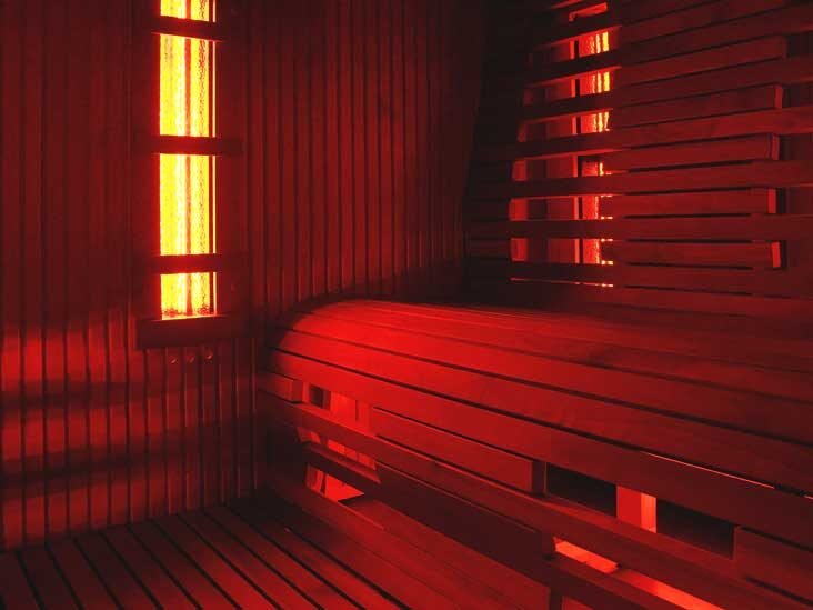 Interior of a traditional wooden sauna with vertical wooden panels, a wooden bench, and narrow windows with frosted glass.