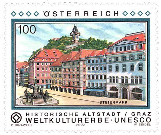  2009 postal stamp of the clocktower behind downtown Graz 