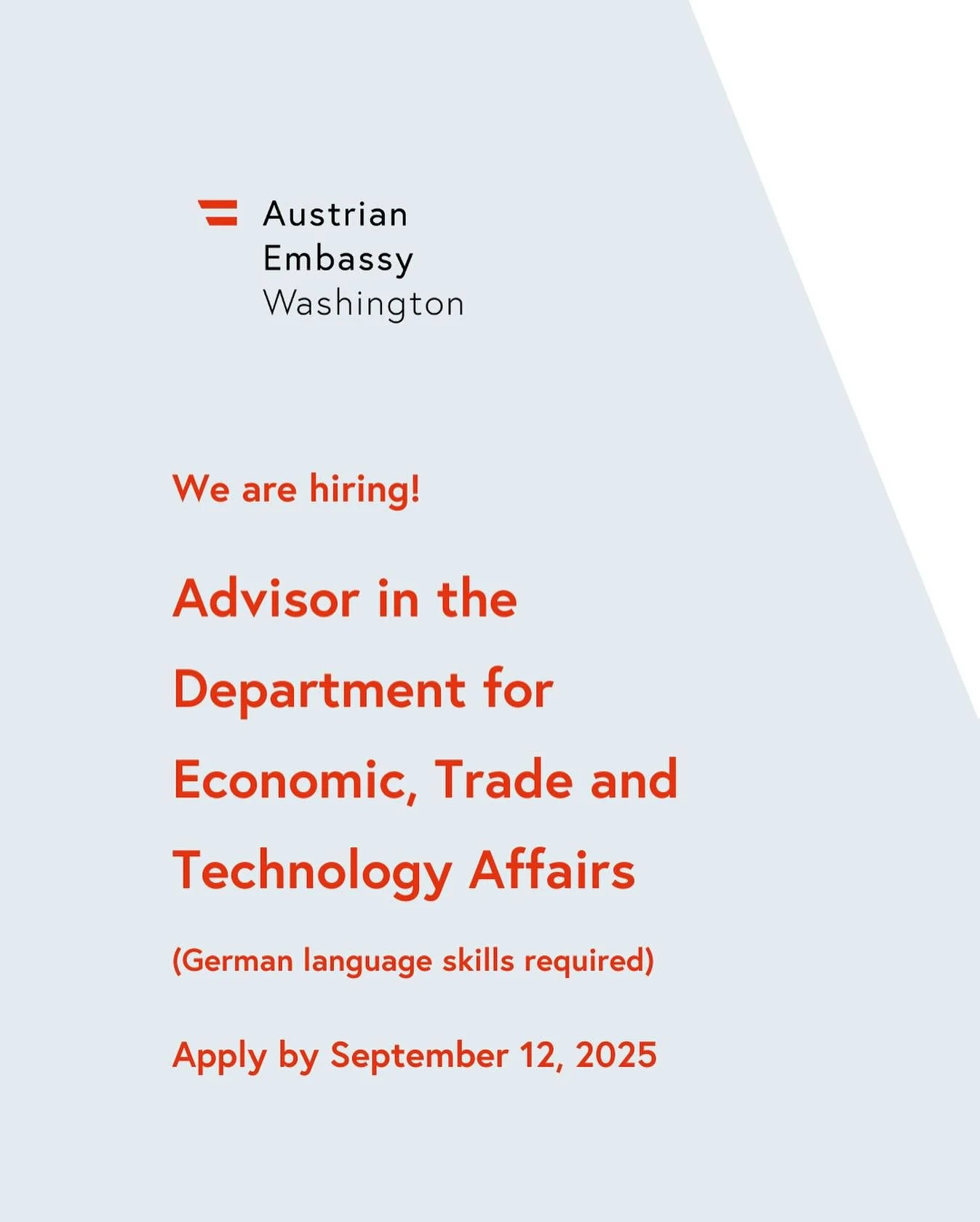 The Embassy of Austria in Washington, D.C., is #hiring!
 
We have an opening for the position of an Advisor in the Department for Economic, Trade and Technology Affairs. 
 
Applicants must have an excellent command of German and English. Sound knowle