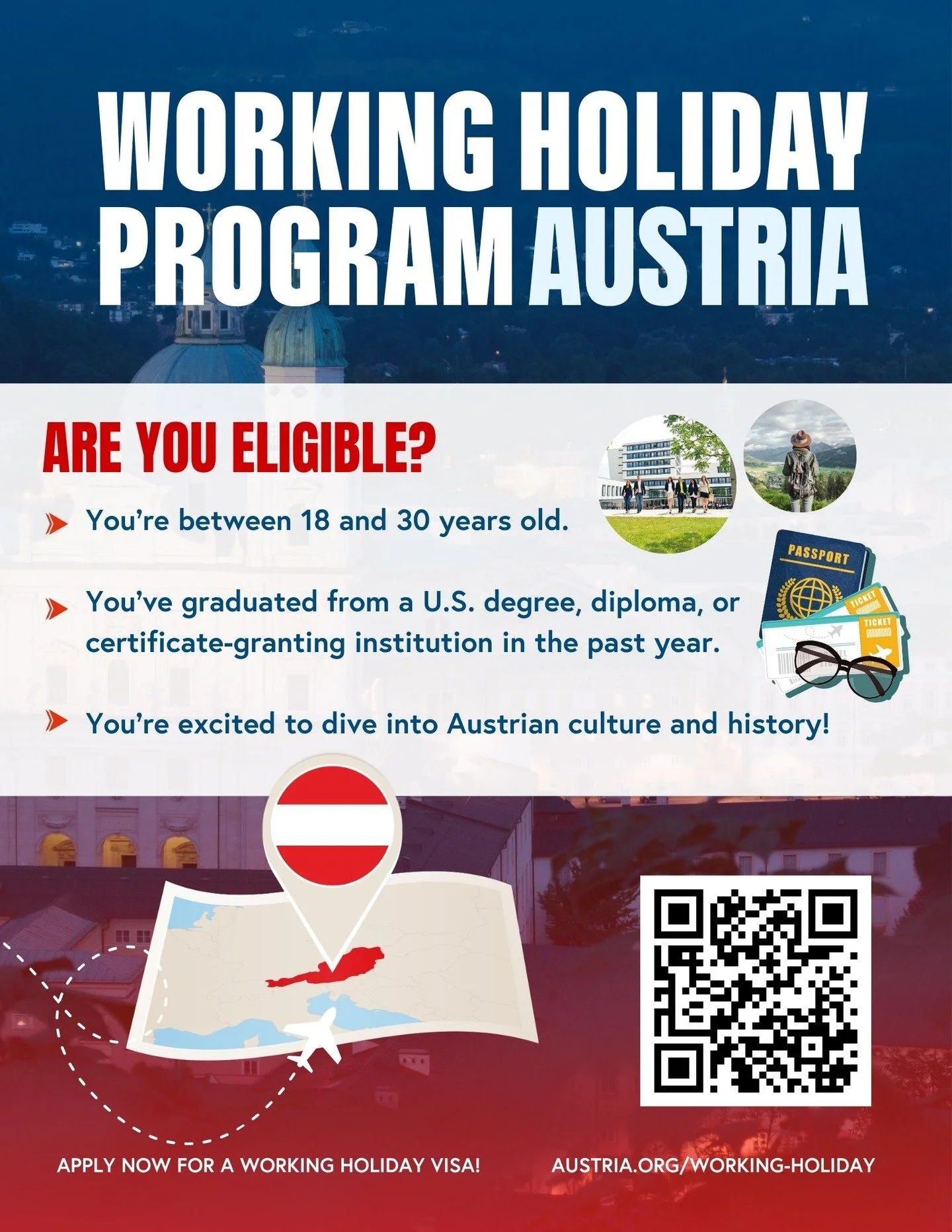 🇺🇸 Working Holiday Program ✈️🇦🇹

Want to immerse yourself in Austrian culture, experience daily life, and learn or improve your German?

The Working Holiday Program offers U.S. citizens aged 18 to 30 the chance to work in and explore Austria!

If