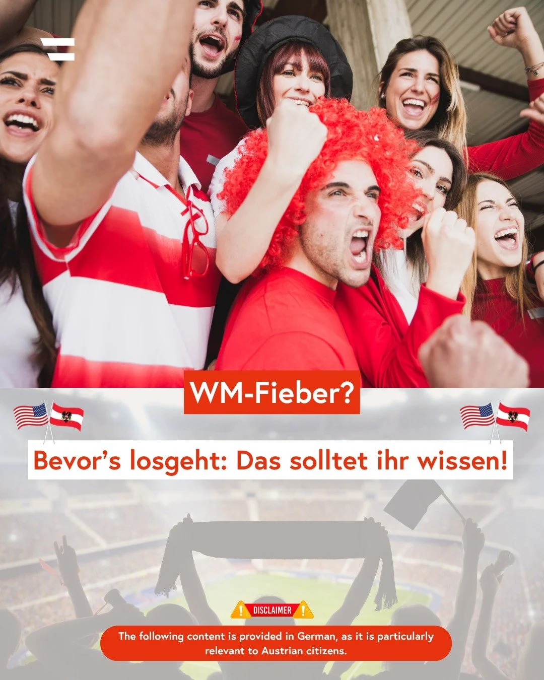 Die Fu&szlig;ball-WM in den USA steht vor der T&uuml;r! Bevor es ins Stadion geht, hier ein paar wichtige Infos f&uuml;r alle &ouml;sterreichischen Fans! ⚽🇺🇸

👉 ESTA oder Visum nicht vergessen &ndash; sonst gibt&rsquo;s Probleme bei der Einreise
?