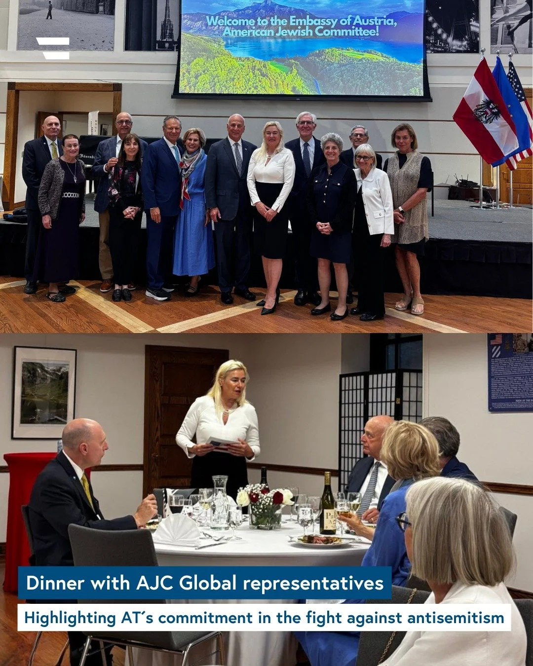 Ambassador Schneebauer was delighted to welcome representatives of @ajc.global to the Embassy for a dinner following the AJC Global Forum 2026 conference in Washington, D.C🌍

The evening featured a discussion on the rise of antisemitism in Europe an