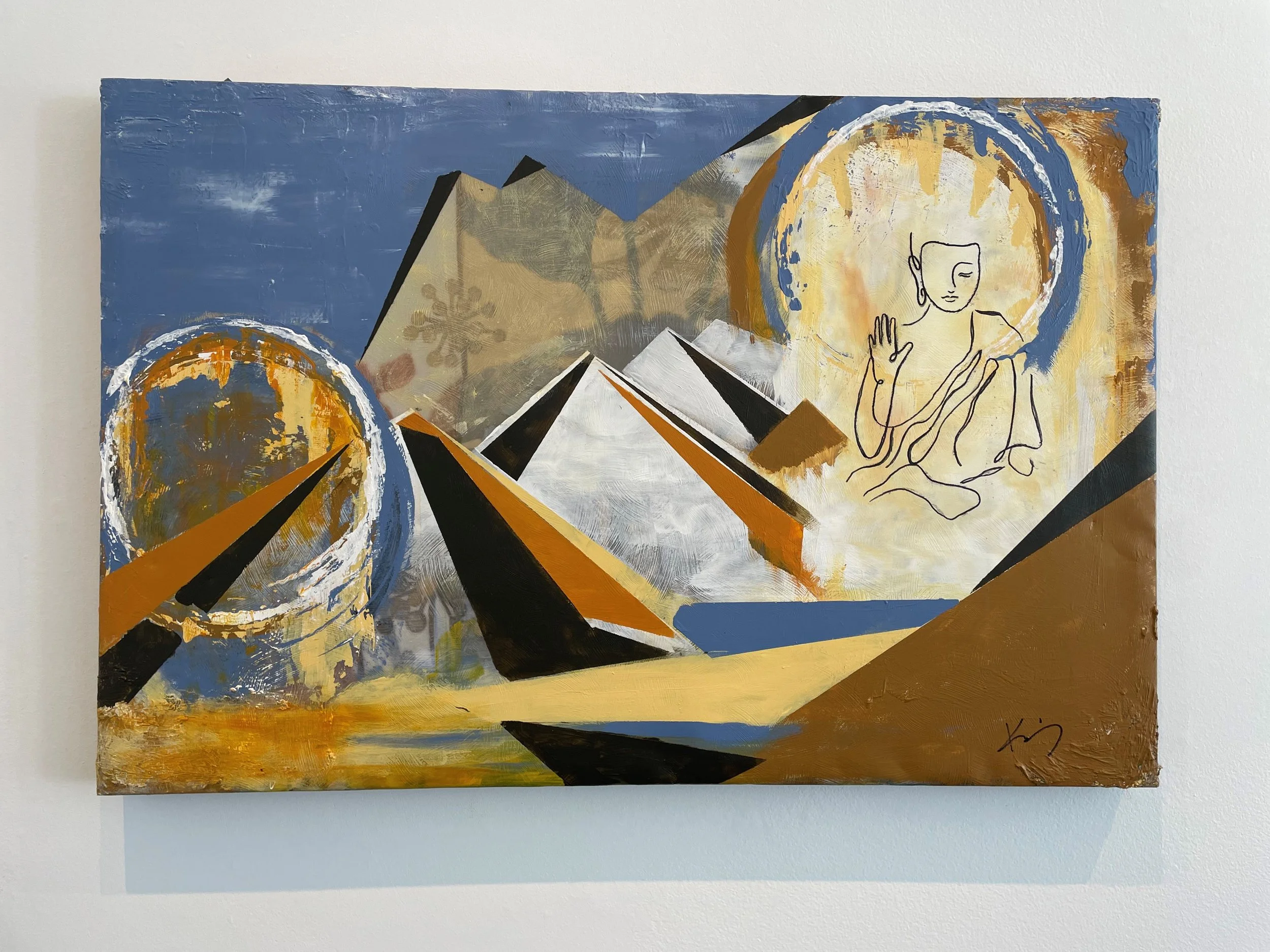 Abstract painting featuring geometric shapes, black lines, and a rough sketch of a face within a circular design, with a color palette of blue, gold, white, and black.