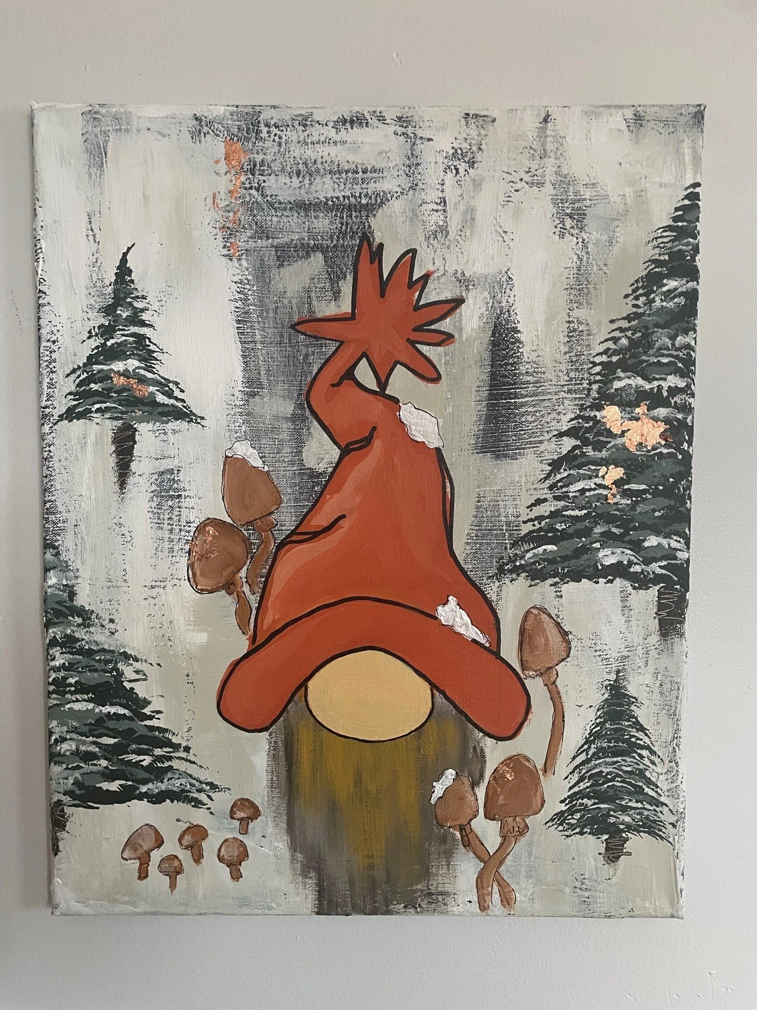 A painting of a fox sitting on a mushroom in a forest with pine trees, mushrooms, and rocks, with a snowy background.