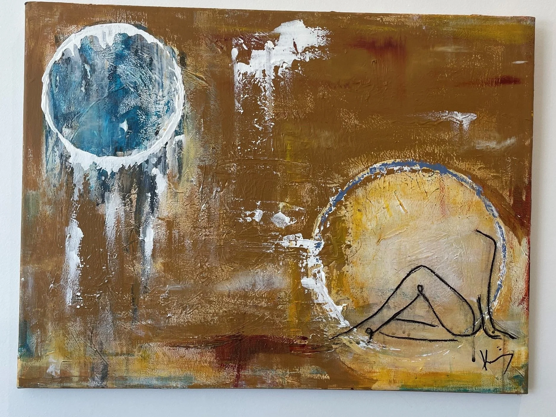 Abstract painting with a blue circle on the left, a yellow semi-circle on the right, against a brown background, with black lines and white splashes.