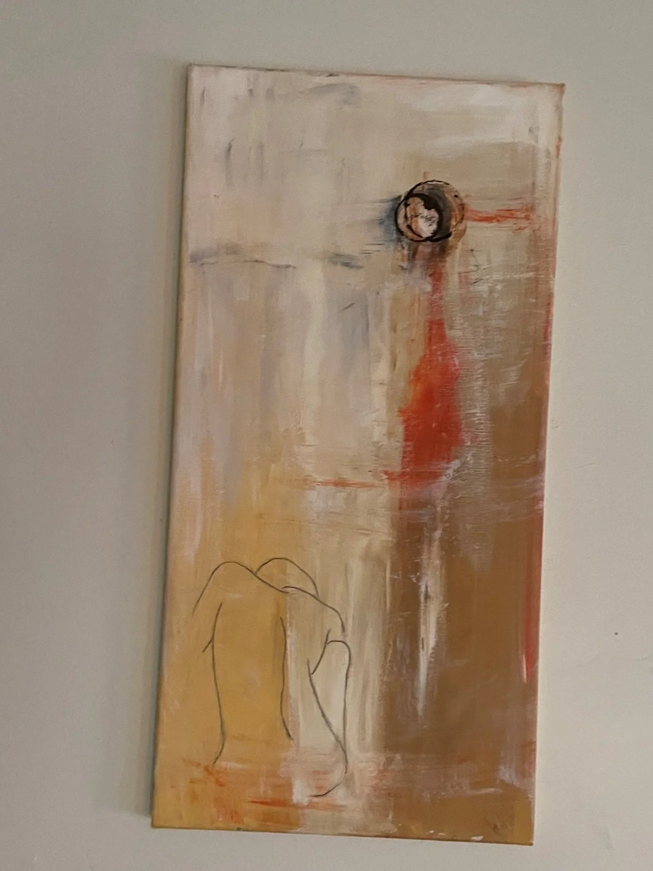 Abstract painting with a sketch of a person's back and shoulder, in warm earth tones and muted colors.