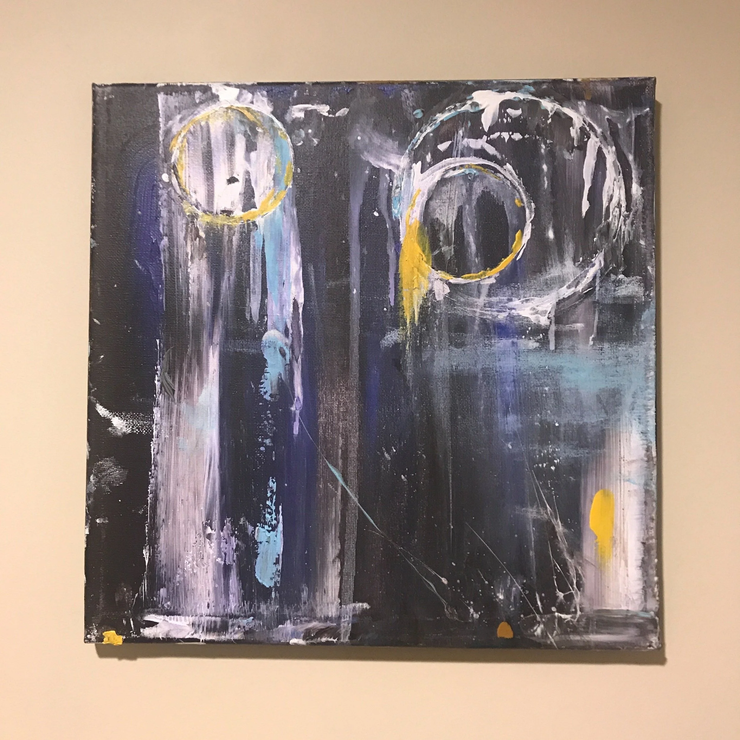 An abstract painting with a black background, featuring white, purple, yellow, and blue circular and linear shapes and brushstrokes.