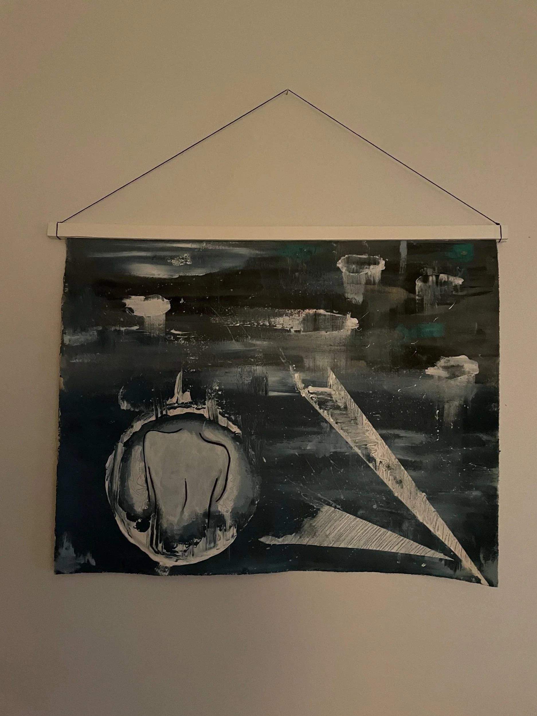 A black and white abstract painting of a human head in profile, with a segmented crown and geometric lines, on a black background.