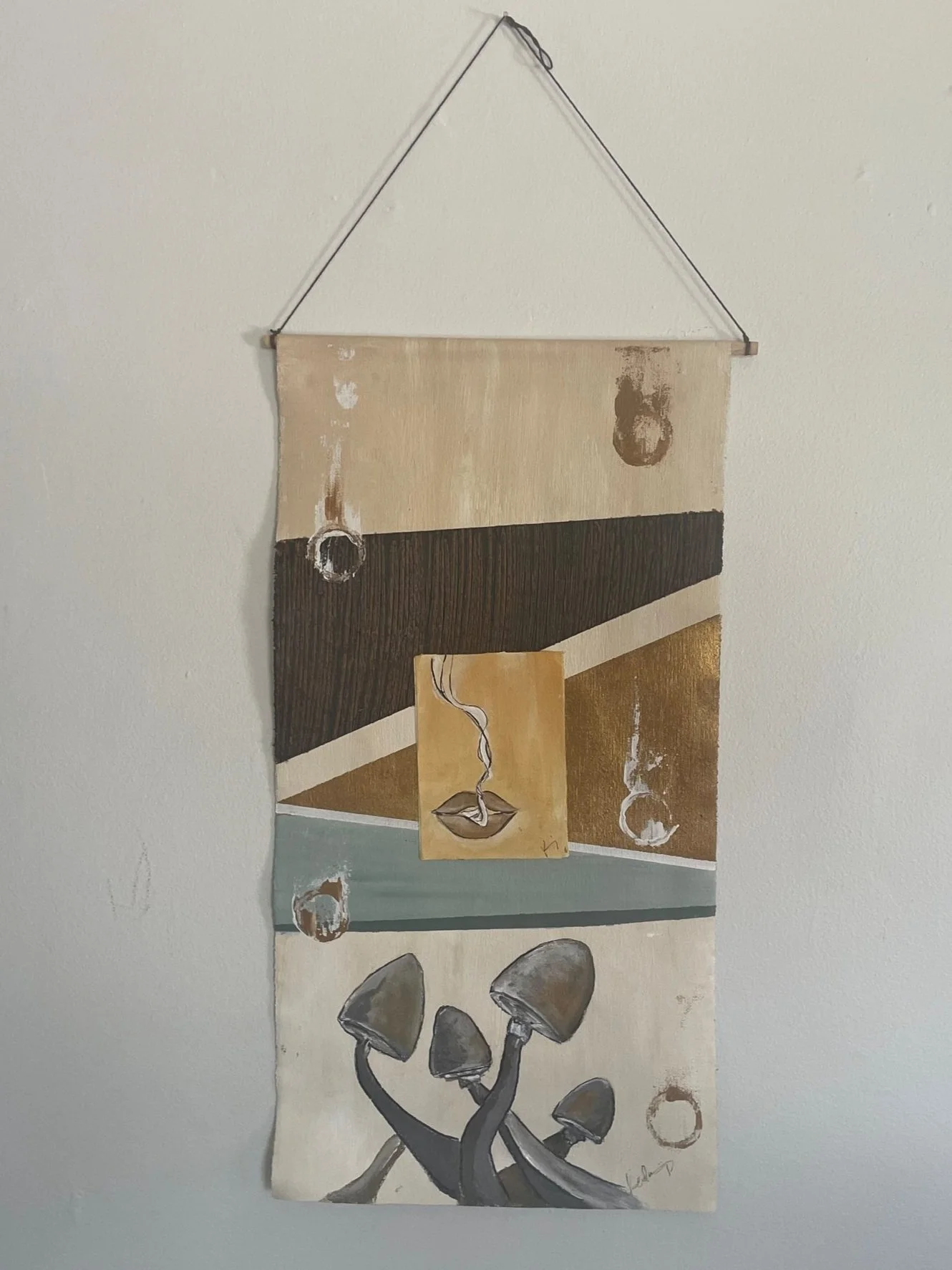 A collage of artistic paintings featuring abstract and surreal elements, including a pair of lips with a smoke trail, a tree with mushroom-like growths, and circles on a wall. The artworks use a neutral color palette with shades of beige, brown, blac