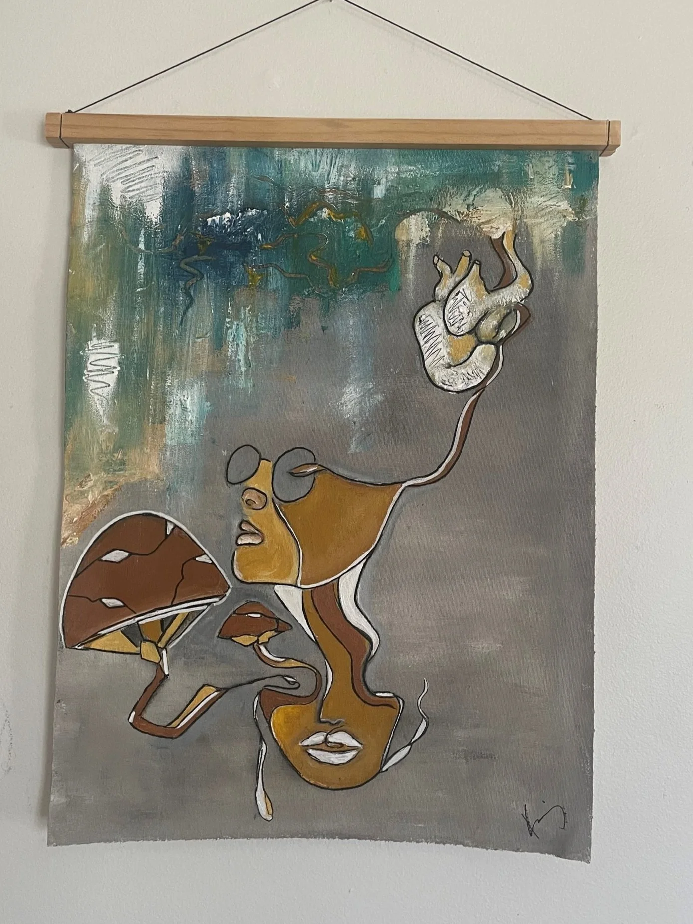 Mixed media artwork depicting a stylized figure with a woman's face and curly hair, integrated with abstract shapes, mushrooms, and a background with blue, green, and white brushstrokes.