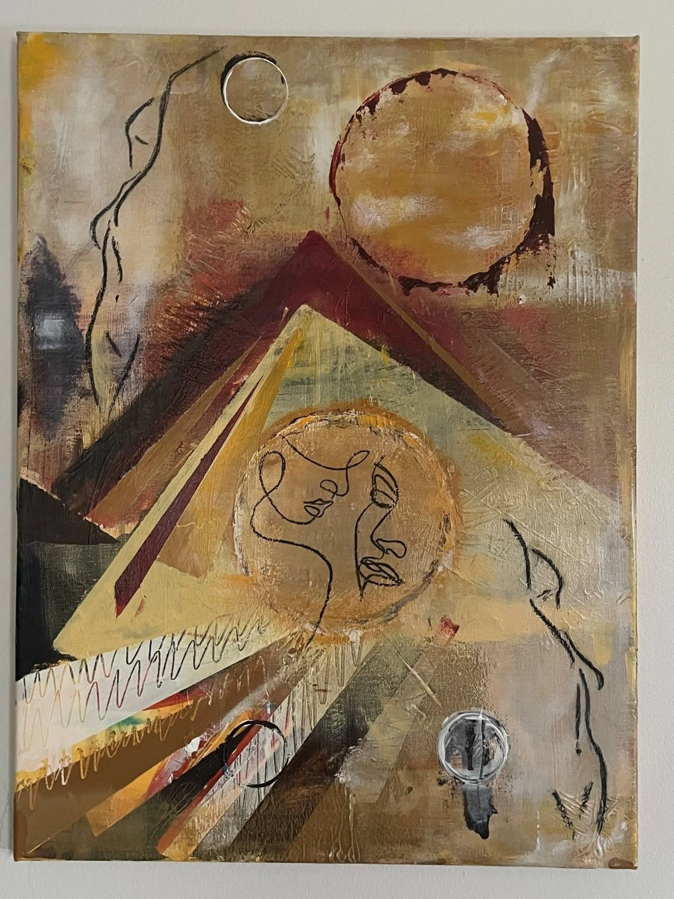 Abstract painting featuring line drawings of a woman's face and body, a large circle, geometric shapes, and textured layers of warm earth tones like brown, beige, and ochre, with accents of black and white.