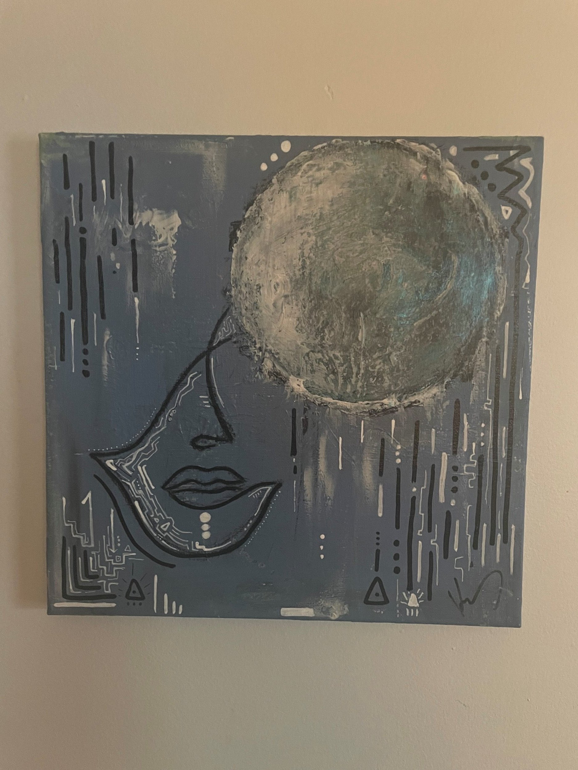 Abstract artwork featuring a stylized human face with closed eyes, intricate line work, and geometric shapes in shades of blue, gray, and white.
