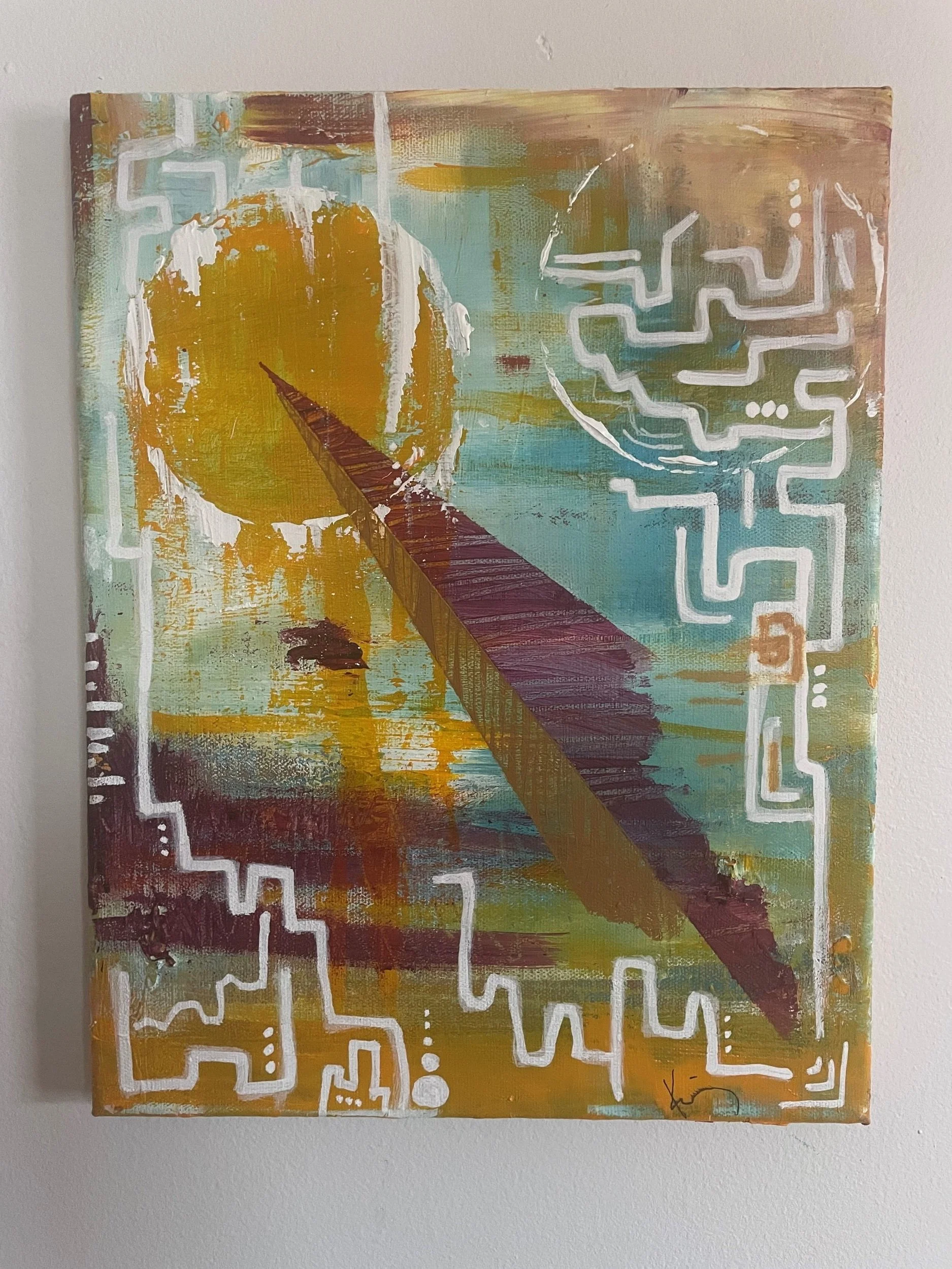Abstract painting with earthy colors and white maze-like patterns.