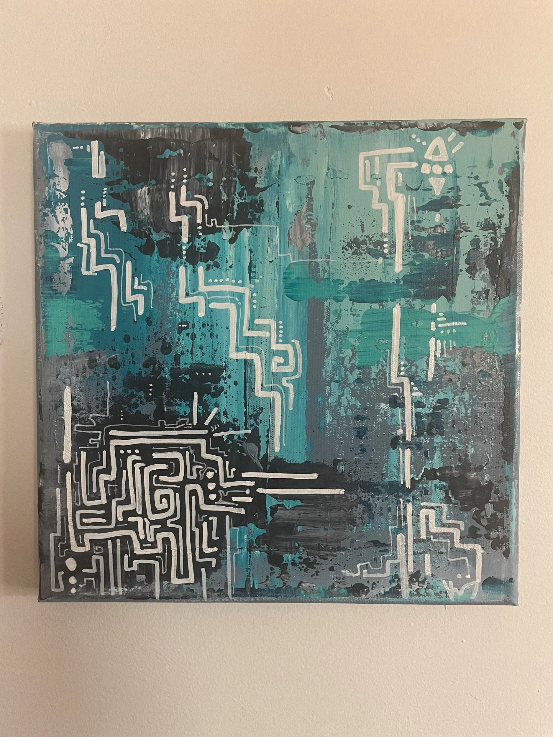 Abstract painting with black, teal, and white colors, featuring intricate circuitry or maze-like designs.