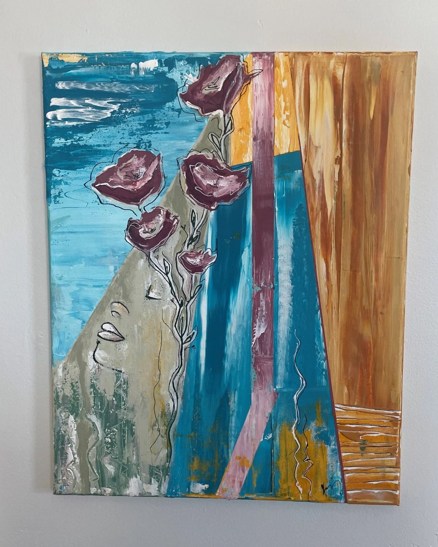 An abstract painting on canvas featuring flowers with large dark red blooms and long stems, set against a background divided into blue, pink, beige, and orange sections with bold brushstrokes and flowing lines.