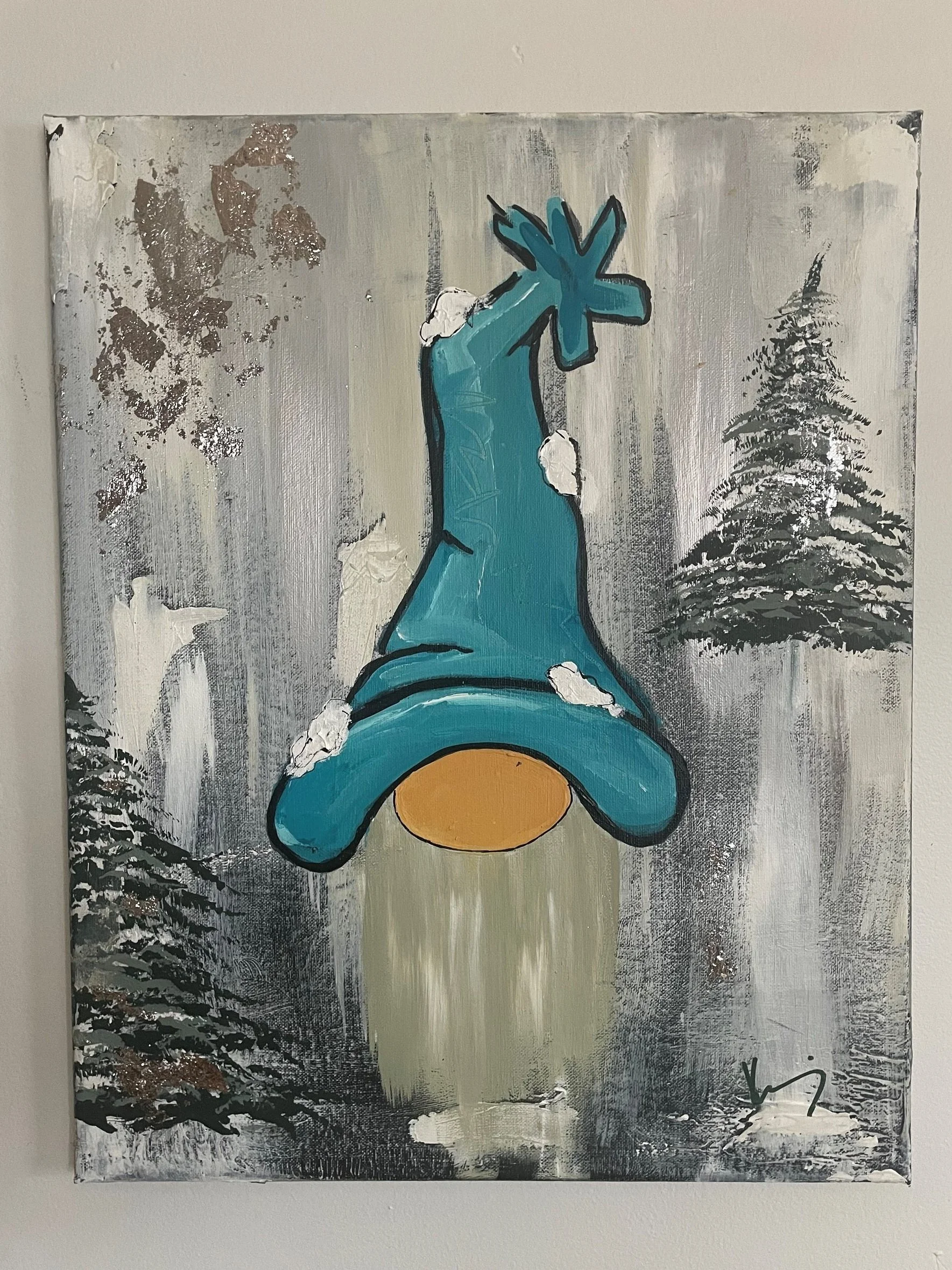 Painting of a hand making the 'peace' sign with a winter forest background, including snow-covered trees.