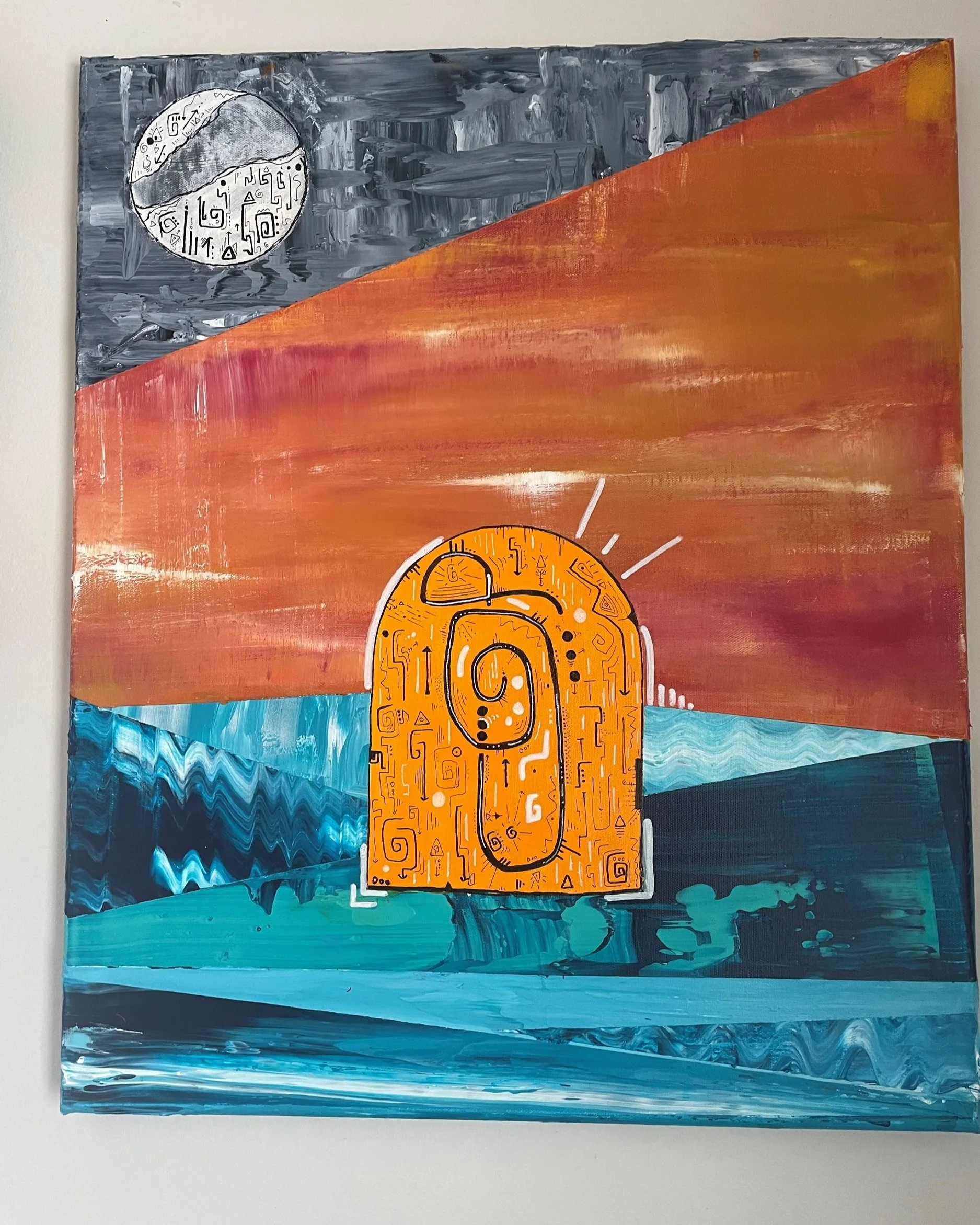 A painting with a background of a moon in a dark clown sky, a large orange brain with abstract circuitry, and a colorful landscape of blues and oranges.