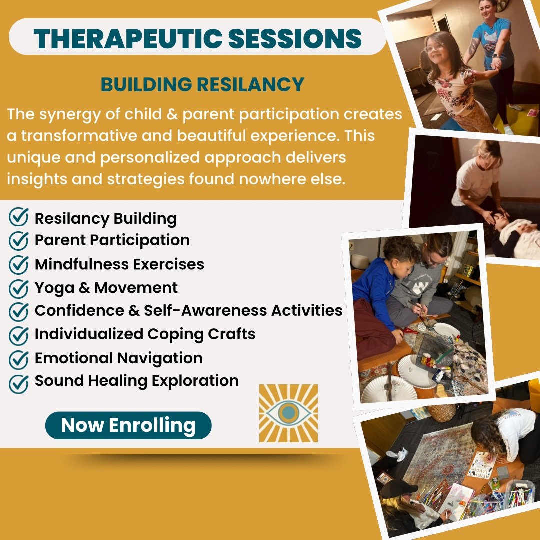 Promotional flyer for therapeutic sessions titled 'Building Resiliency,' featuring photos of children and parents engaging in activities like massage, crafts, and movement, with a list of services including resiliency building, mindfulness, yoga, confidence activities, coping crafts, emotional navigation, and sound healing exploration, with a call to action 'Now Enrolling.'
