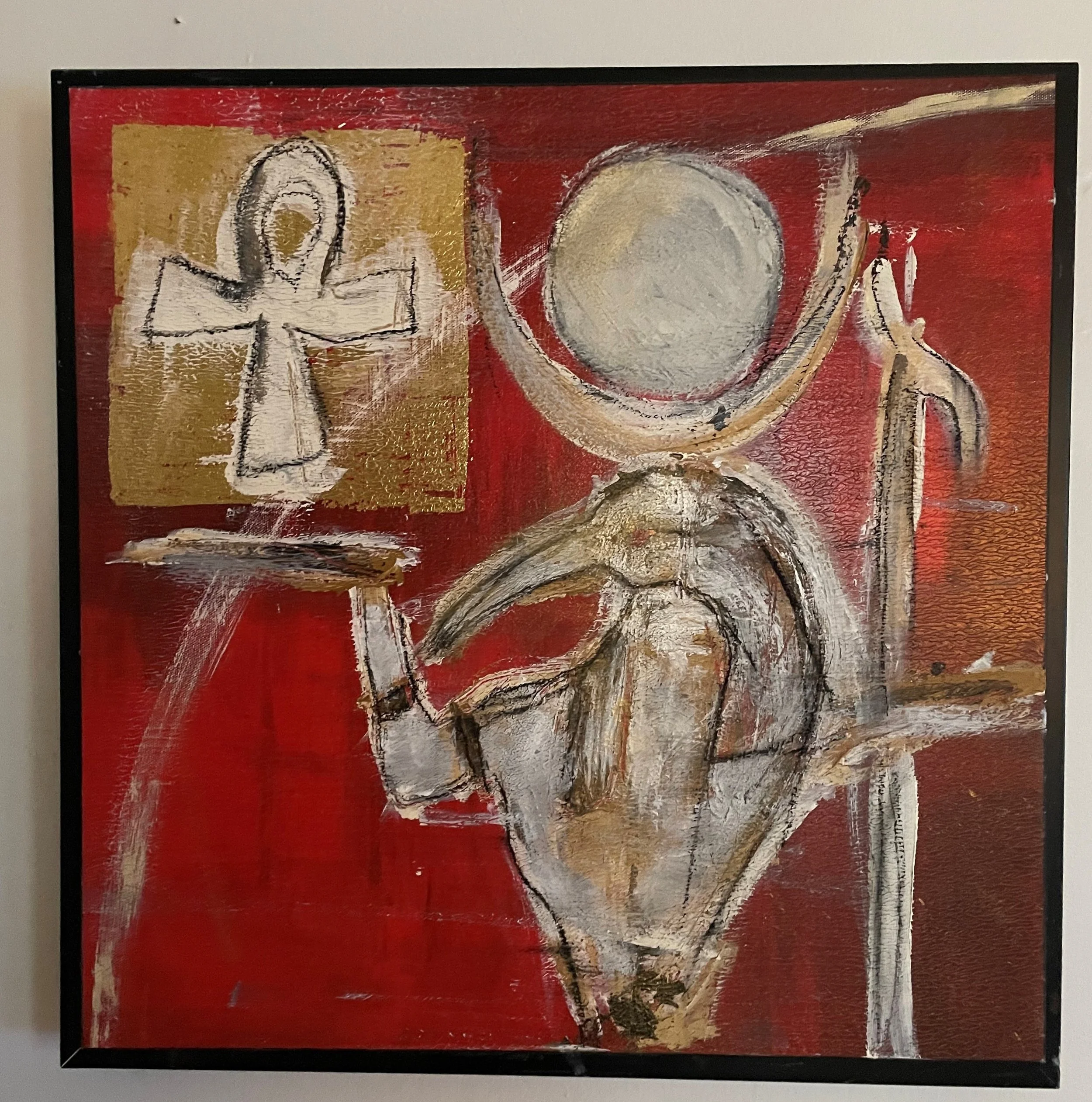 An abstract painting with a red background, featuring a stylized white cup with a handle, a spoon, and a rectangular shape resembling a piece of bread or toast, rendered with bold black outlines and textured brushstrokes.