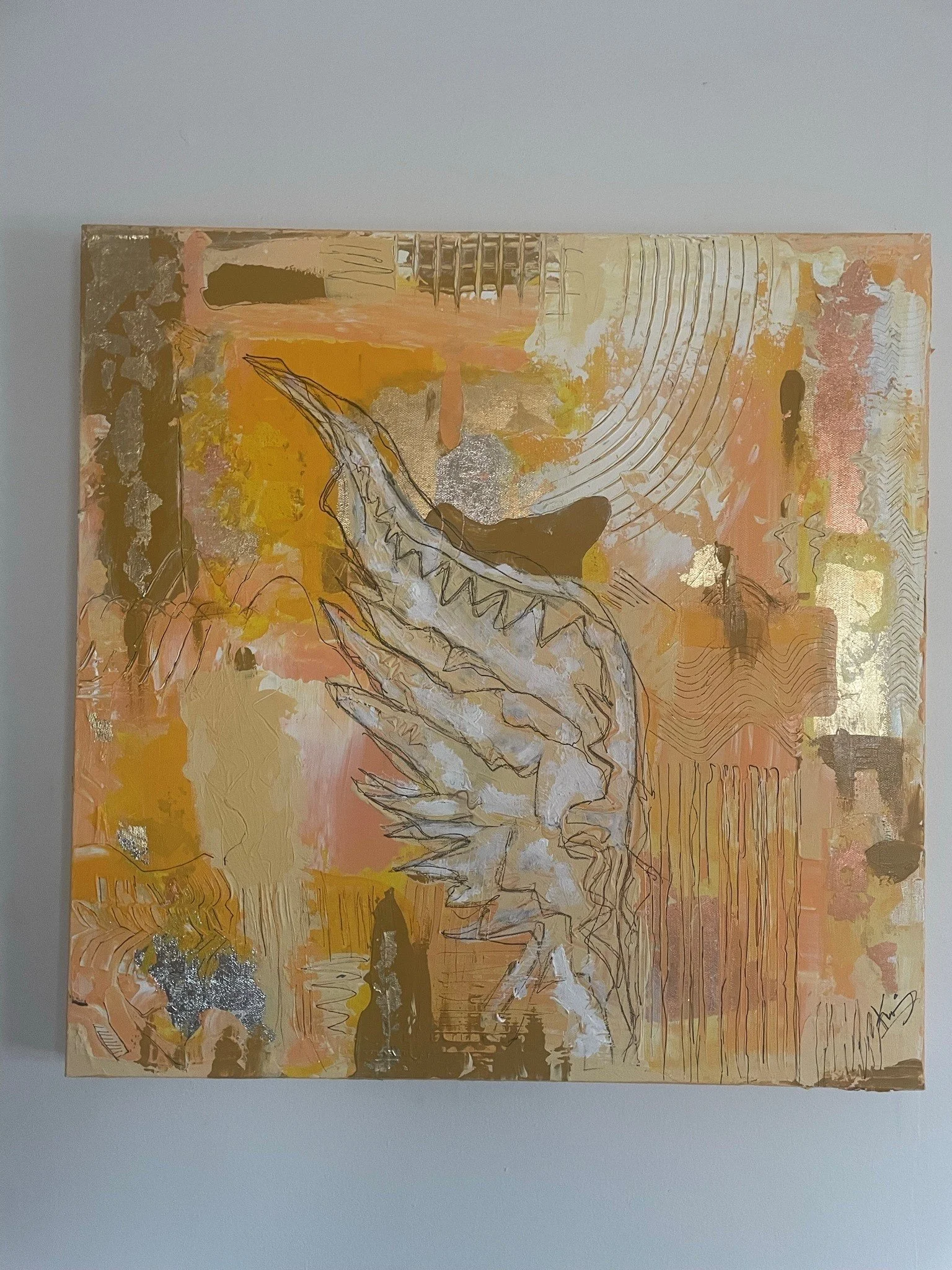 Abstract painting with orange, gold, tan, and silver tones, featuring lines, textures, and geometric shapes.