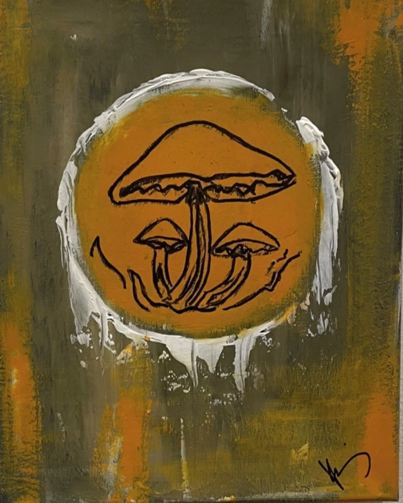 Abstract painting featuring three mushrooms with umbrella-shaped caps, drawn with black lines inside a circular, orange background, surrounded by a textured mix of white, gray, and orange brushstrokes.
