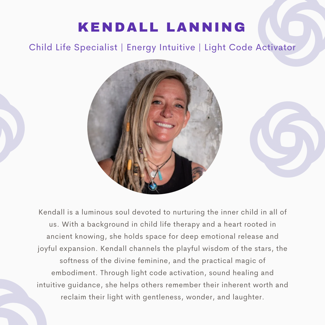 Profile card of Kendall Lanning, a child life specialist and energy intuitive. Features a portrait of Kendall with dreadlocks and a smile, along with a description of her background in child therapy and energetic healing.