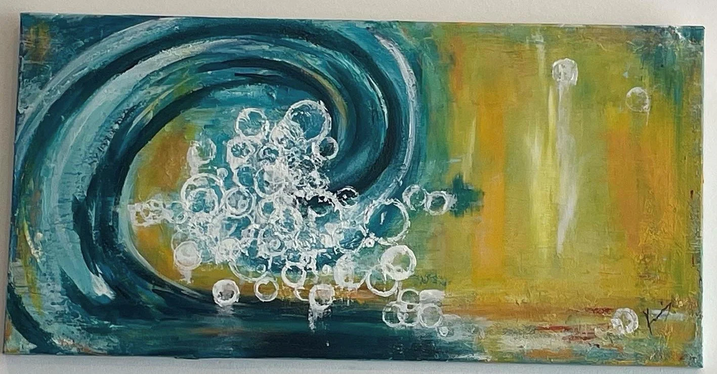 Abstract painting of a large, curling wave on the left side, with white bubbles and spray, and a background of yellow and green with some orange and blue streaks.
