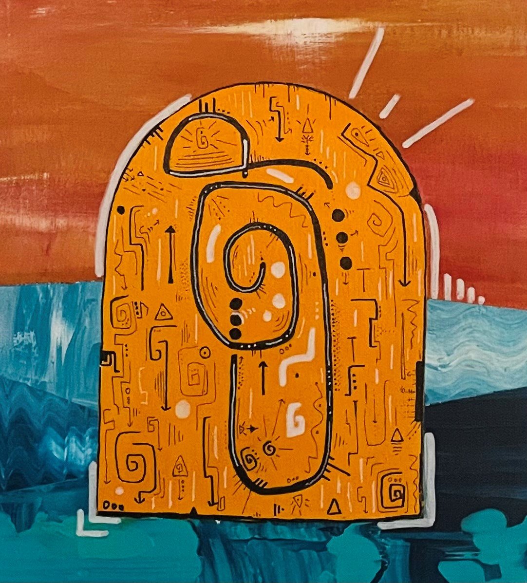 Street art mural of a stylized yellow-golden guitar with black and white highlights, decorated with abstract patterns and symbols, against a background of orange, blue, and dark sections.