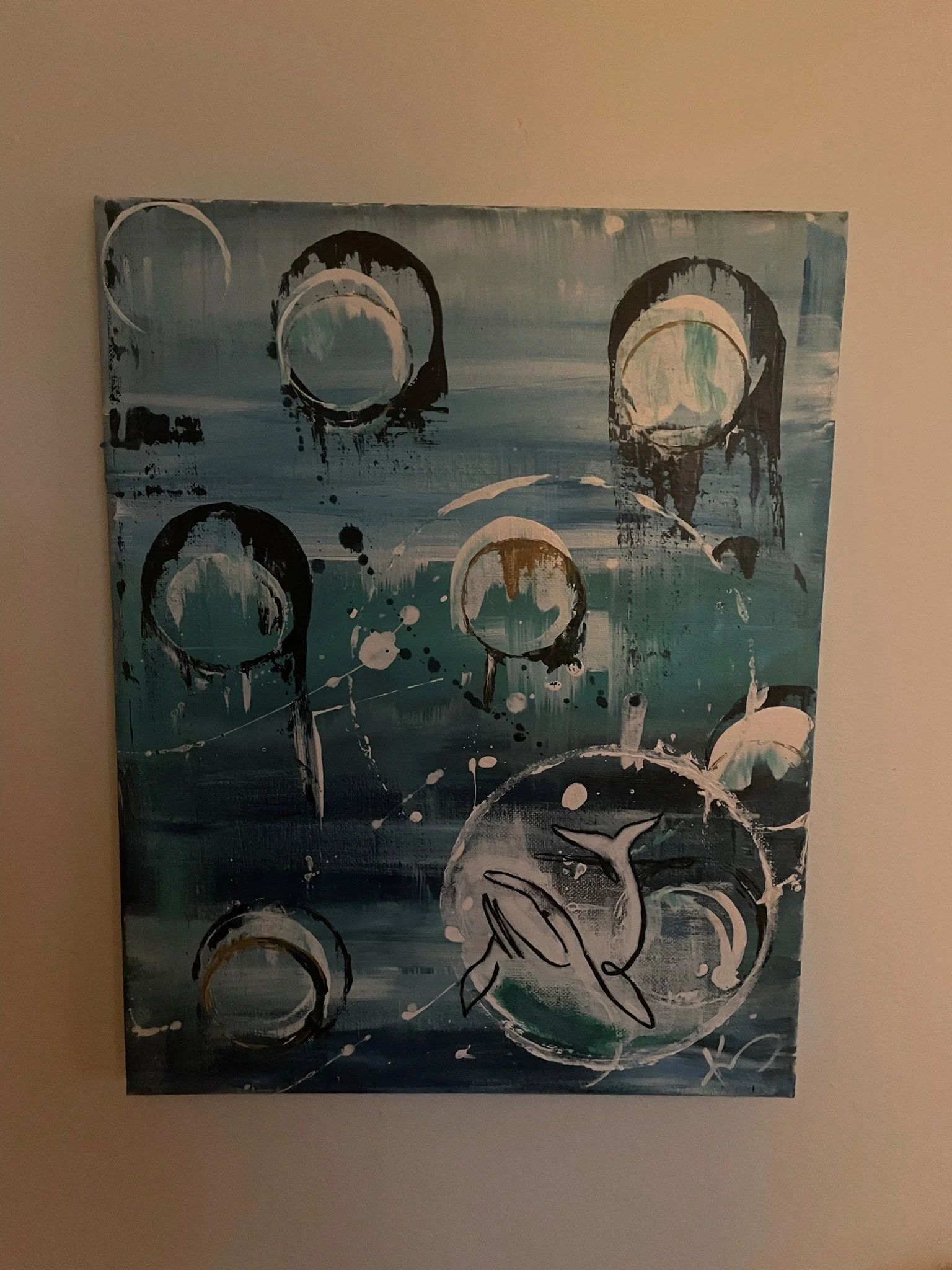 Abstract painting with circles and a butterfly in black, white, blue, and green colors on a canvas