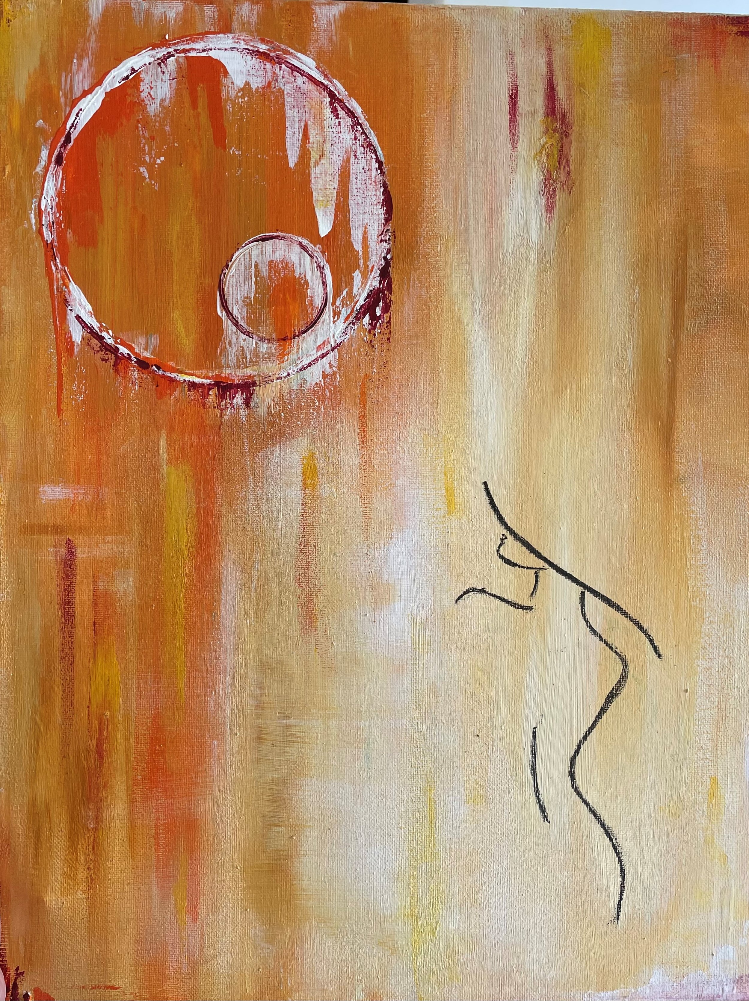 An abstract painting featuring a large orange circle with a smaller orange circle inside it, outlined in dark red and white, set against a background of warm orange, yellow, and beige brushstrokes. There is a minimalistic black line drawing of a smil
