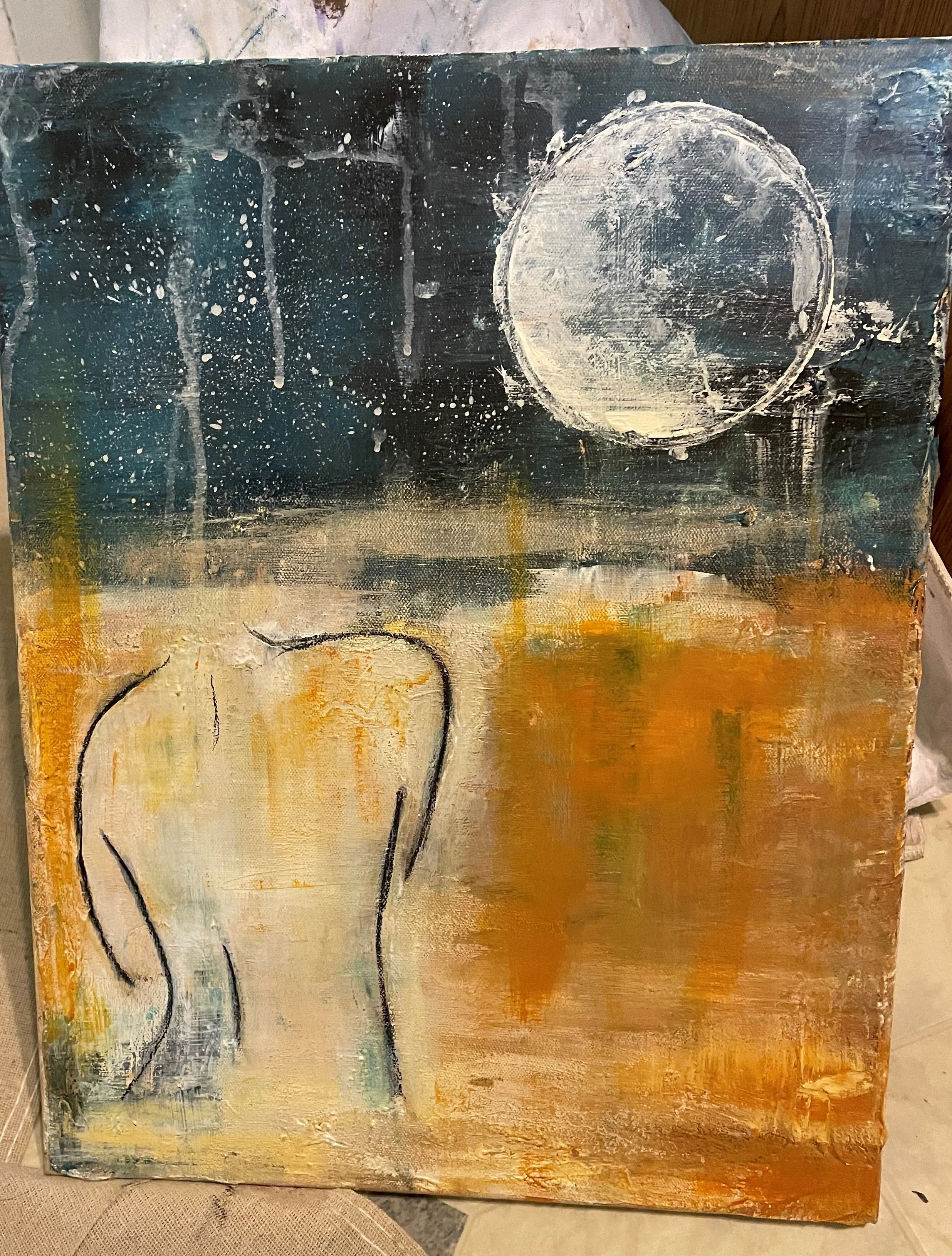 Abstract painting on canvas with a black background, large white circular shape, and splatters of white, beige, yellow, and orange colors, along with black curved lines.
