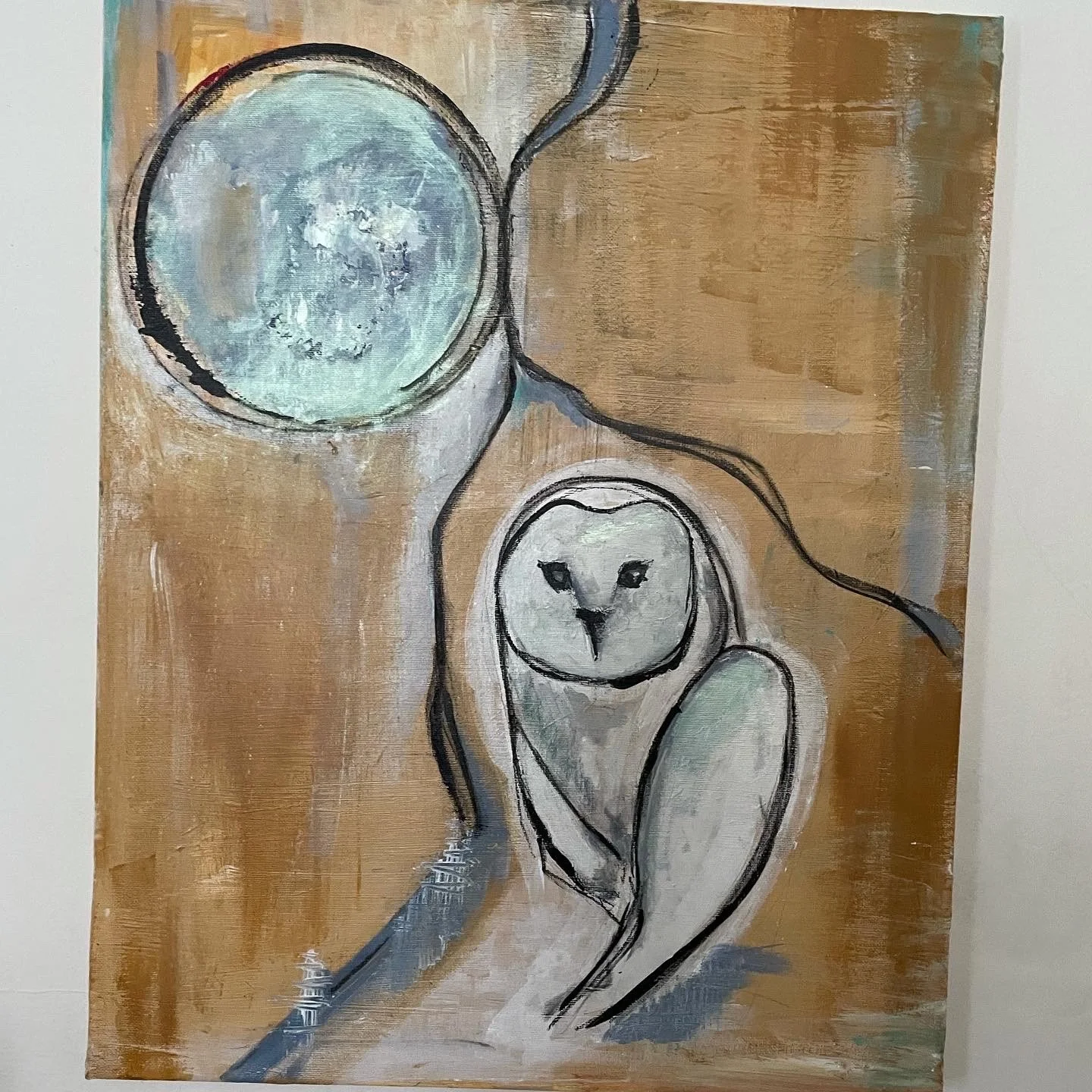 An abstract painting of a white owl with black eyes and a black beak, standing against a warm brown background. A large, glowing moon is depicted in the upper left corner, surrounded by dark brushstrokes and a wavy line connecting it to the owl.