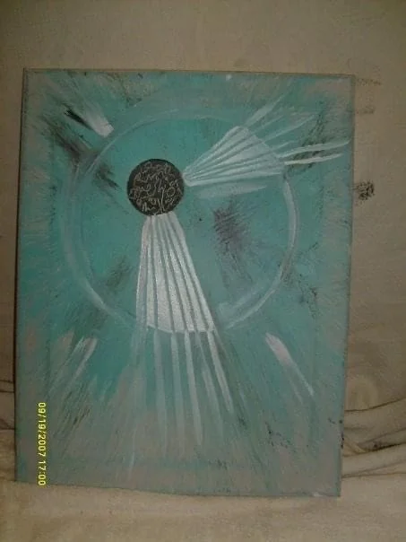 Abstract painting with a central black circle, radiating white lines, and brushstrokes on a teal background.