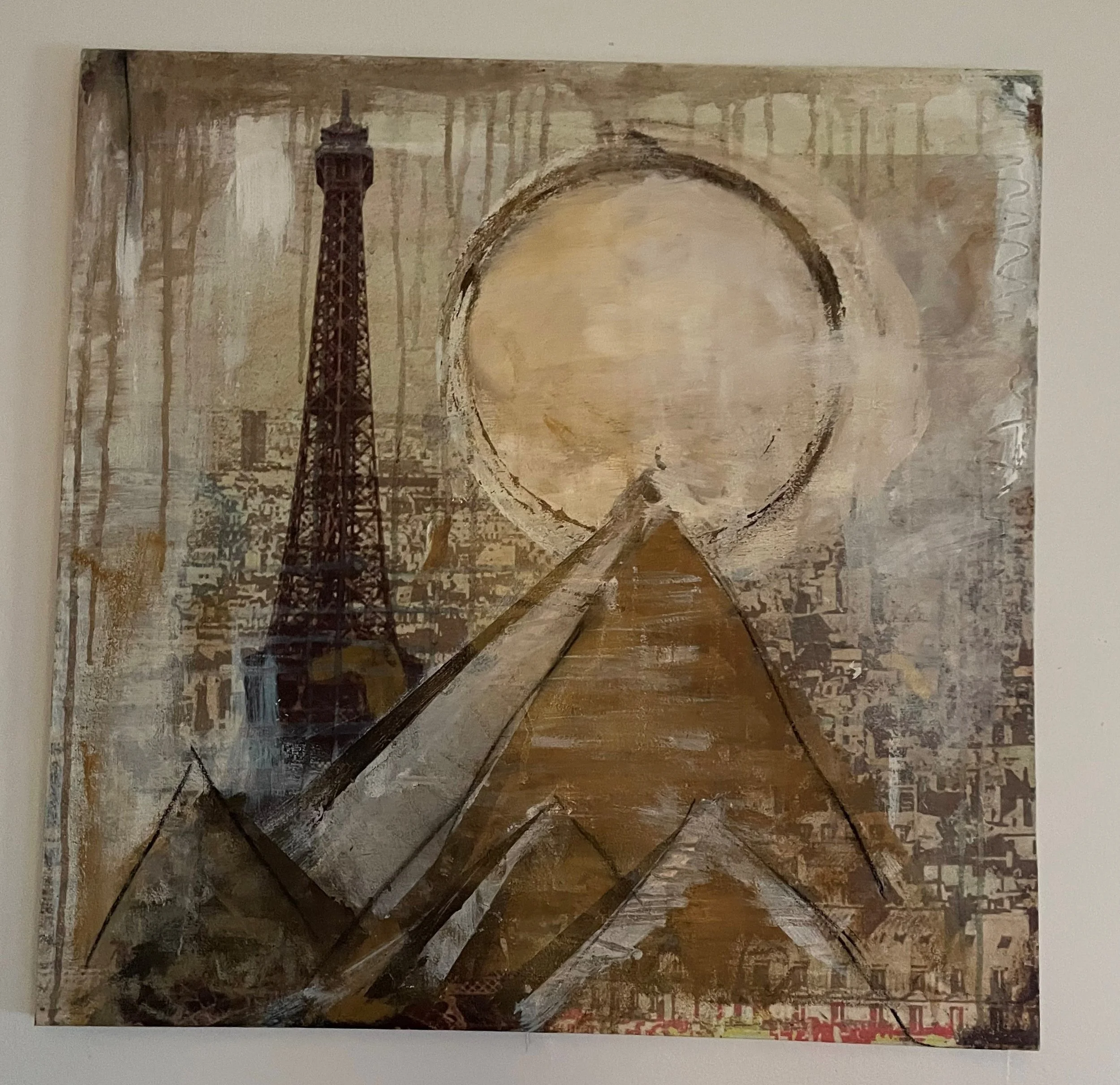 A painting depicting the Eiffel Tower with an abstract background in earth tones, featuring a large circular shape in the center.
