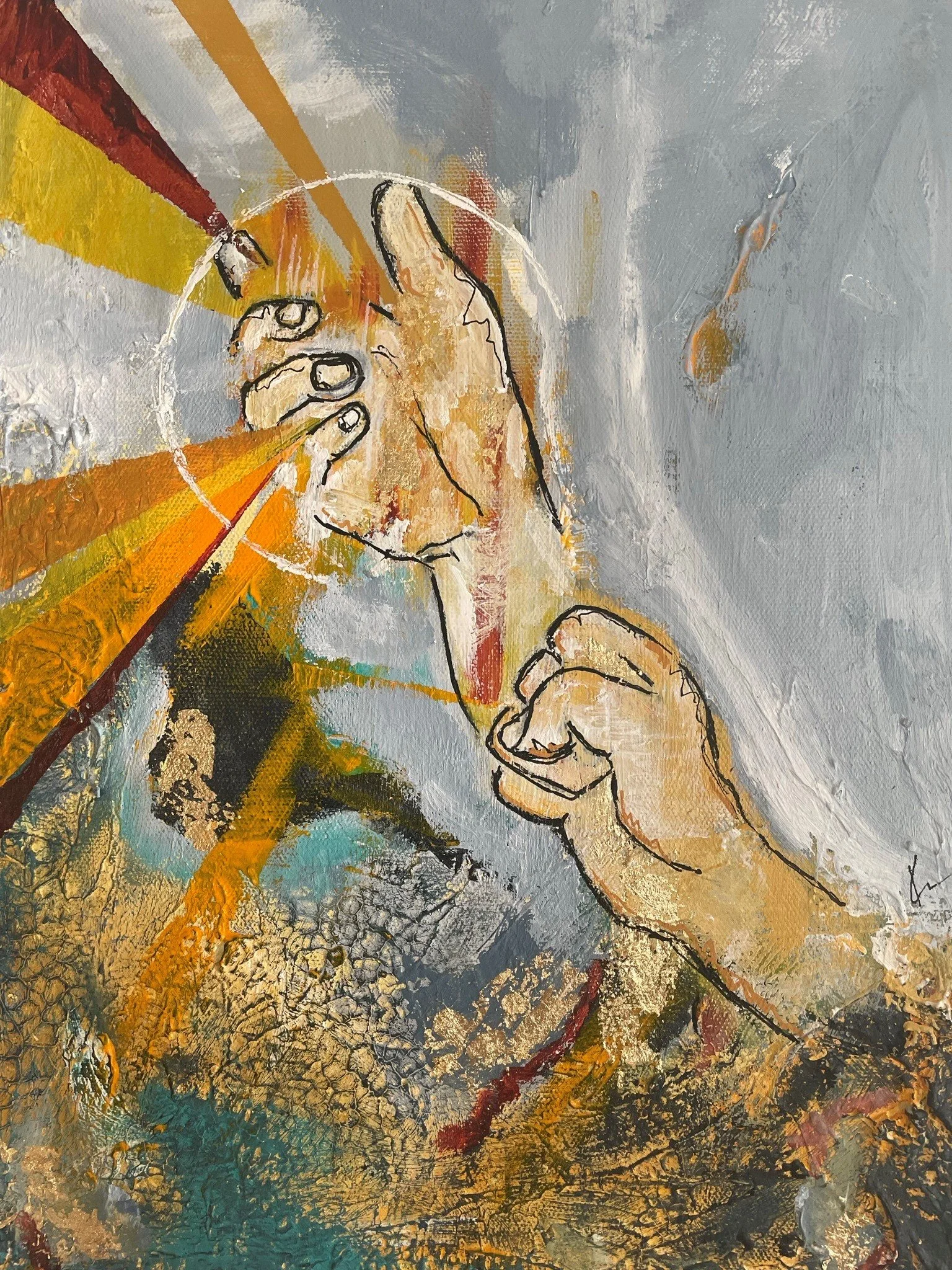 An abstract painting with vibrant brushstrokes, featuring a close-up of two hands holding a cigarette, on a textured, cracked metallic and colorful background.