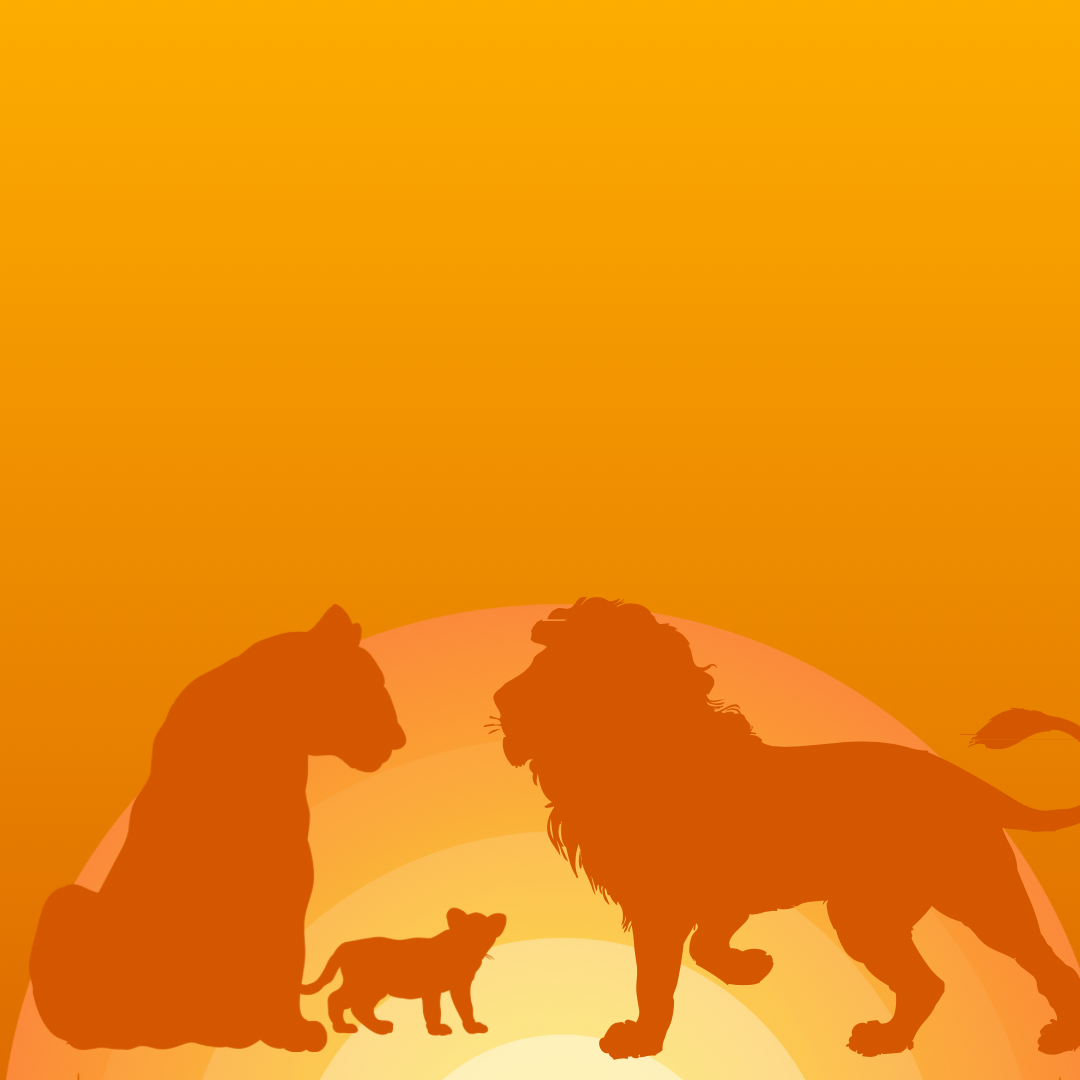 Silhouettes of a lion, a lioness, and a cub against an orange sunset background.