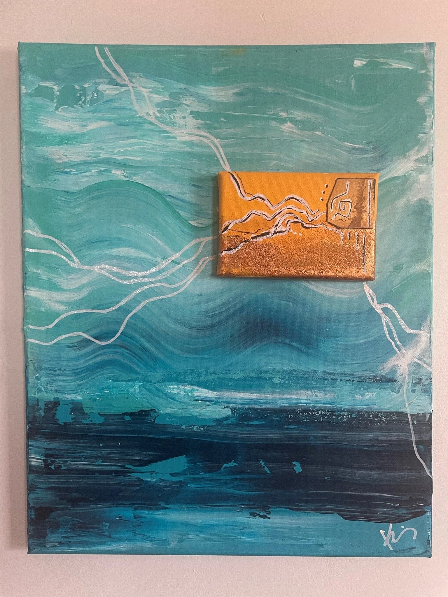 Abstract painting of a seascape with shades of blue and white, and a small orange square in the lower right corner.
