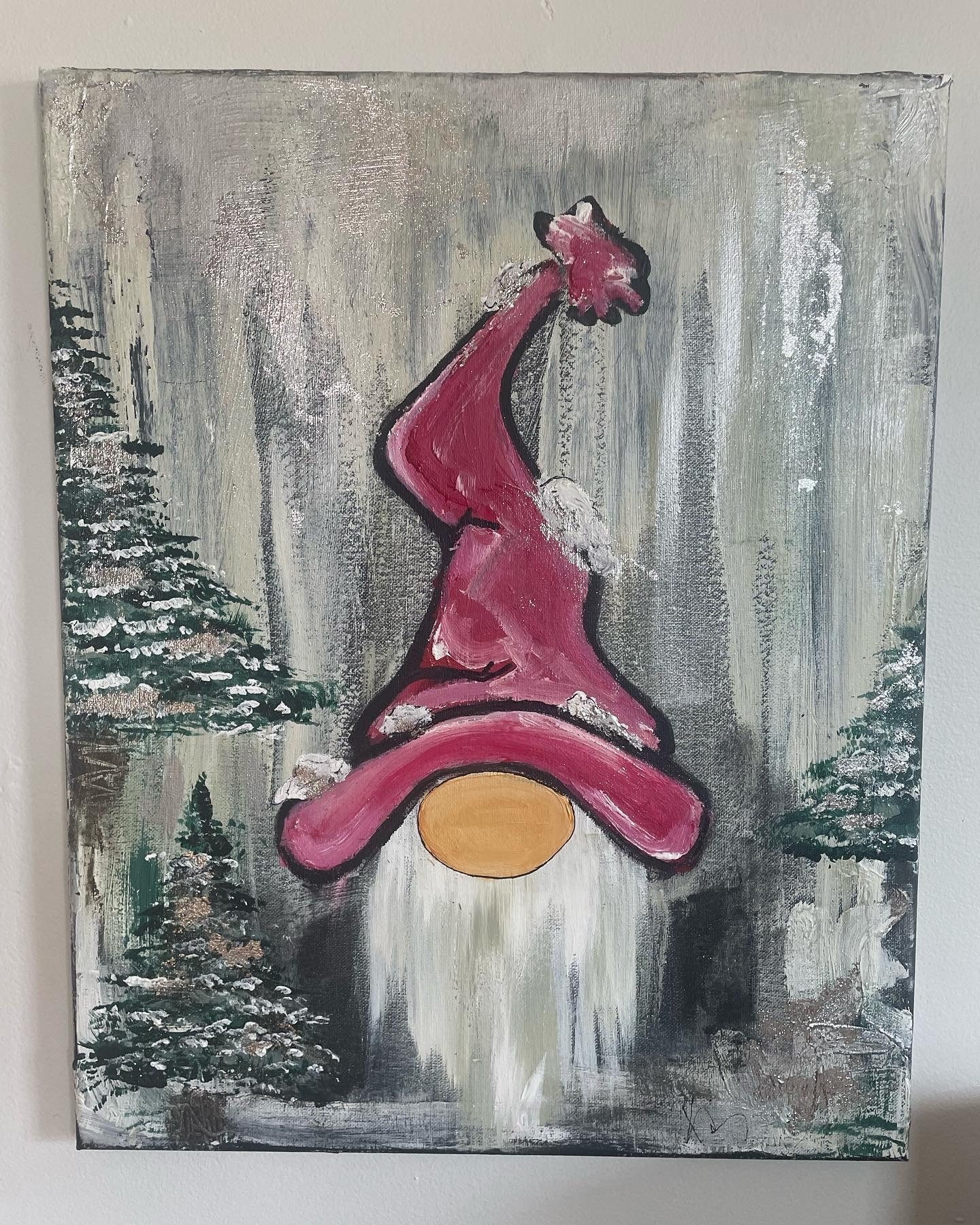 Abstract painting of a pink stylized horse facing left, set against a gray, textured background with trees on the lower sides.