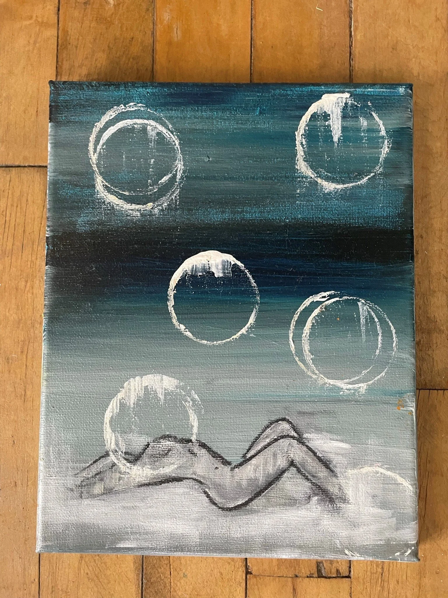 A canvas painting featuring a gradient background from teal at the top to white at the bottom, decorated with white circles and black wavy lines.