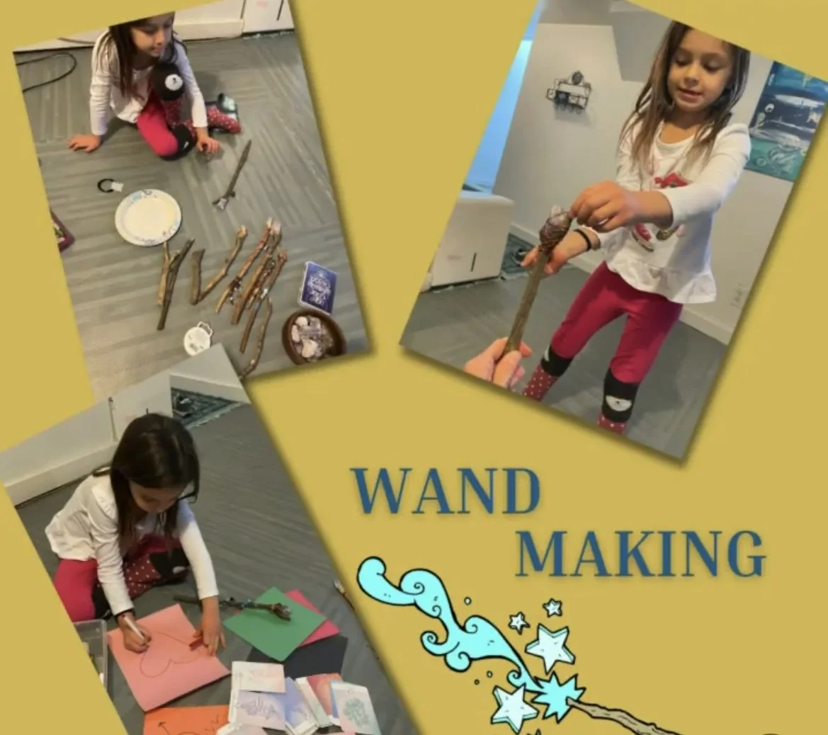 Children making and decorating wands with sticks, paper, and other craft materials.