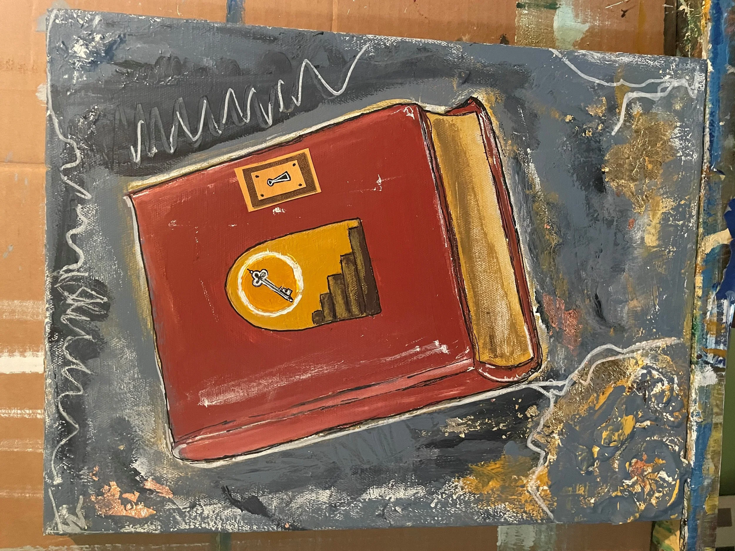 Abstract painting of a red bookshelf with a yellow clock in a circular frame and a key inside the clock, set on a textured dark background with brushstrokes and splashes of paint.