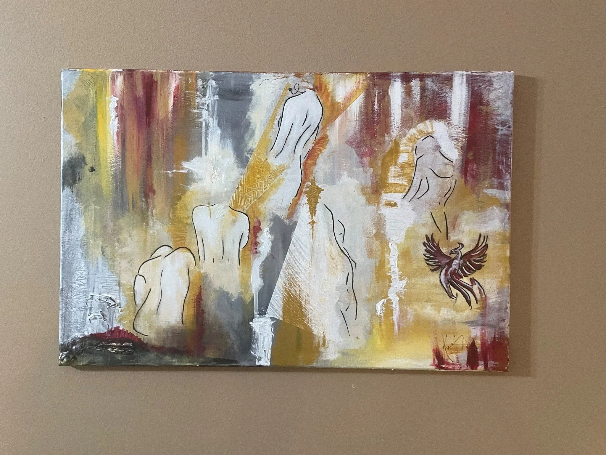 Abstract painting with fluid, streaky brushstrokes in shades of yellow, red, white, gray, and black, featuring line drawings of human figures and an eagle.