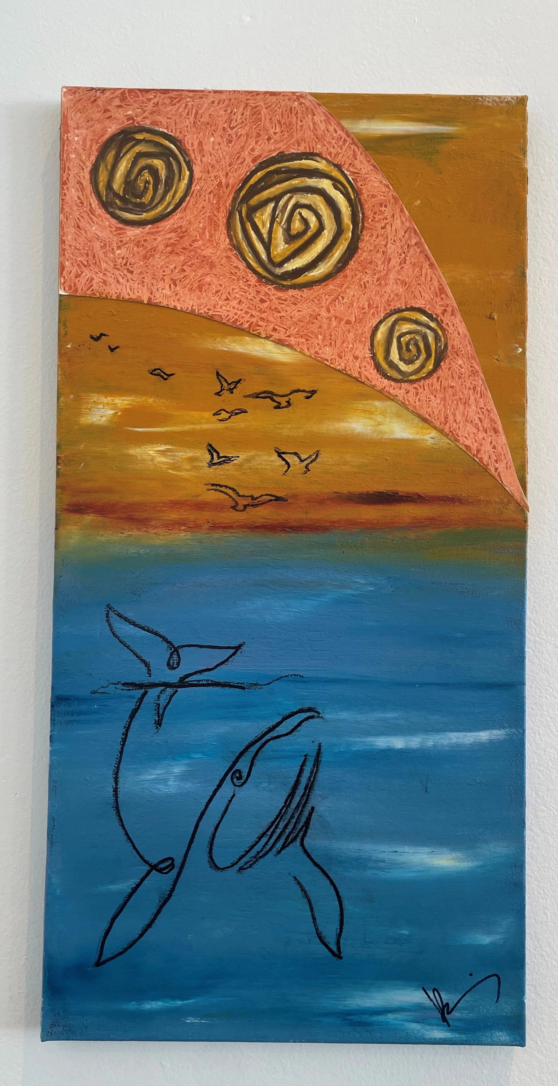Abstract painting divided into three sections: top with three spiral shapes in red and yellow, middle with flying birds in orange and yellow, bottom with blue water and a black outline of a whale or fish, signature at the bottom right corner.