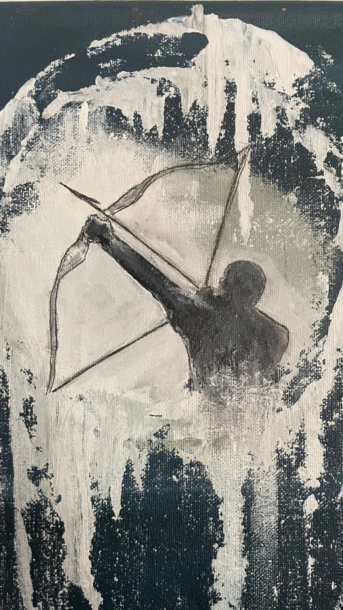 A black and white painting of a person drawing with a pencil on a large sheet of paper, with abstract dark and light patterns in the background.