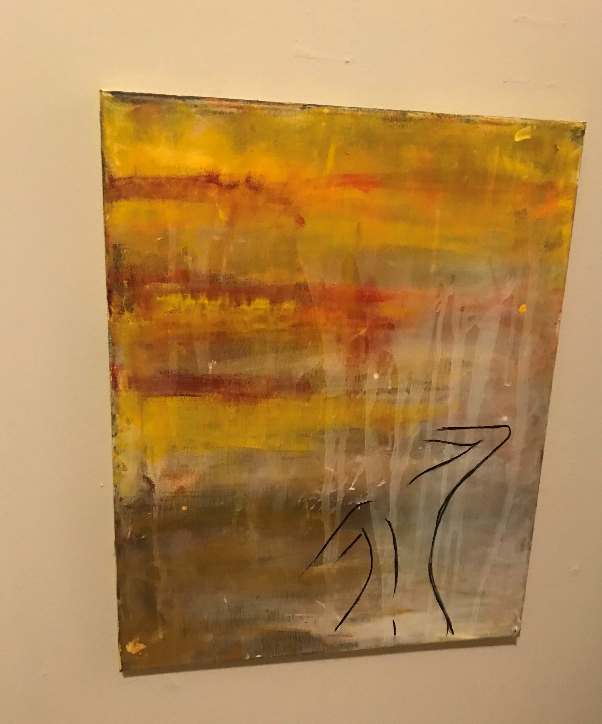 An abstract painting with a warm color palette of yellows, oranges, and browns, featuring brushstrokes that create a textured, layered effect.